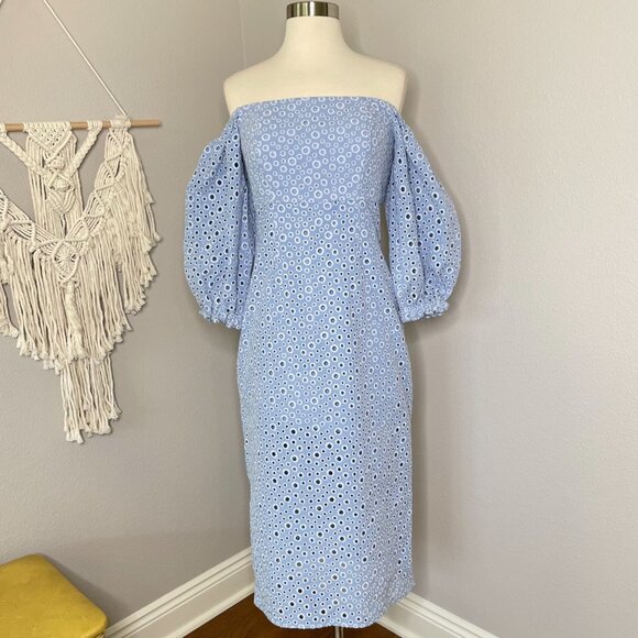 Prose & Poetry Sheila Midi Dress Size Small Blue Eyelet Off the Shoulder New - Picture 12 of 13